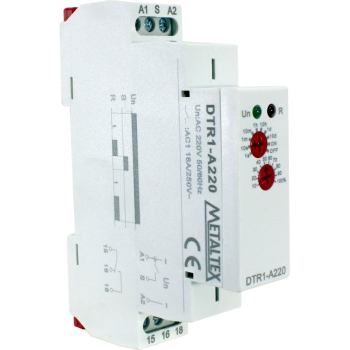rele temporizador retardo energizacao analogico multi tempo 12~240Vca/cc 1NAF METALTEX DTR1-W