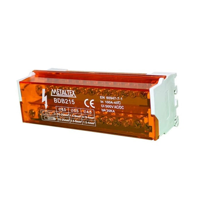 bloco distribuicao  100A 02 polos 15 furos METALTEX BDB215 [11.04.01.034]
