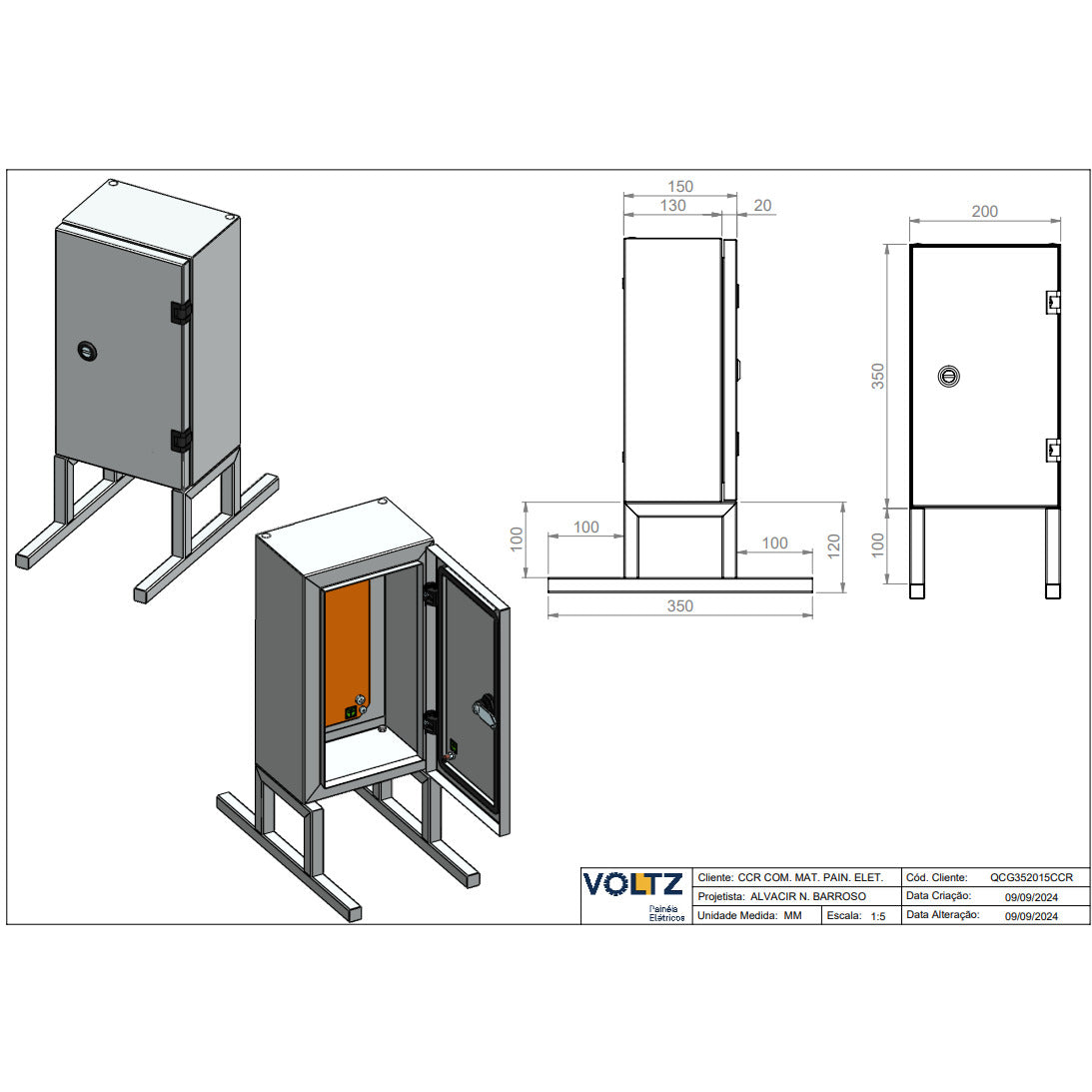 ESP quadro comando 350x200x150mm RAL7035 galv c/pezinho VOLTZ QCG352015CC R