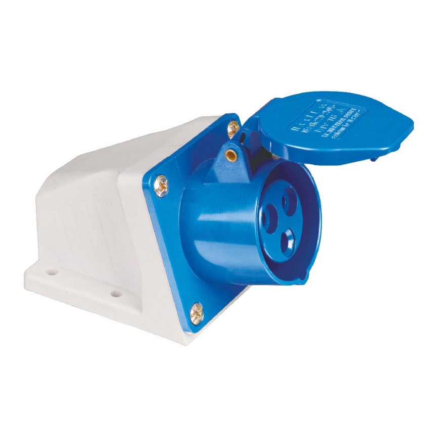 tomada industrial sobrepor 2P+T 32A 6H azul 200~250Vca IP44 linha standard TSWD-32P3H6E57 WEG 14684683 [12.10.02.014]