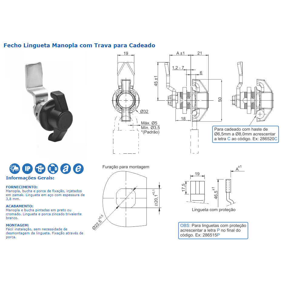 fecho lingueta 20mm manopla p/cadeado TASCO 286120 30.93.183.1 (NR10/bloqueio loto) [11.04.01.05]