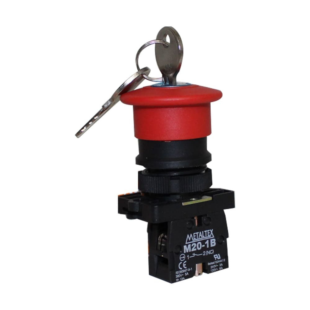 botao emergencia vermelho c/trava 22mm 1NF c/chave METALTEX P20ACR-R-1B [11.10.01.013]