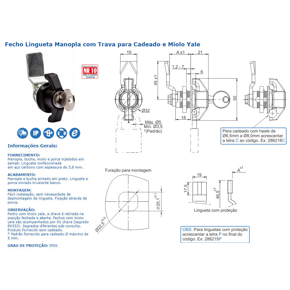 fecho lingueta 20mm manopla p/cadeado c/chave TASCO 286220 30.93.272.1 (NR10/bloqueio loto)  [11.04.01.06]