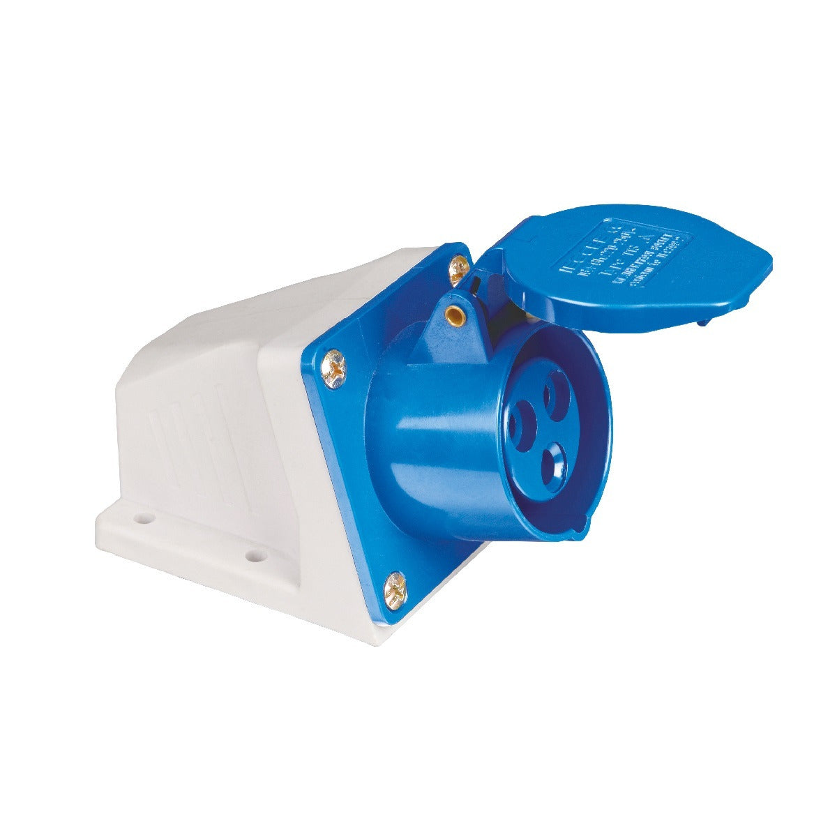 tomada industrial sobrepor 2P+T 16A 6H azul 200~250Vca IP44 linha standard TSWD-16P3H6E57 WEG 14684678 [12.10.02.011]
