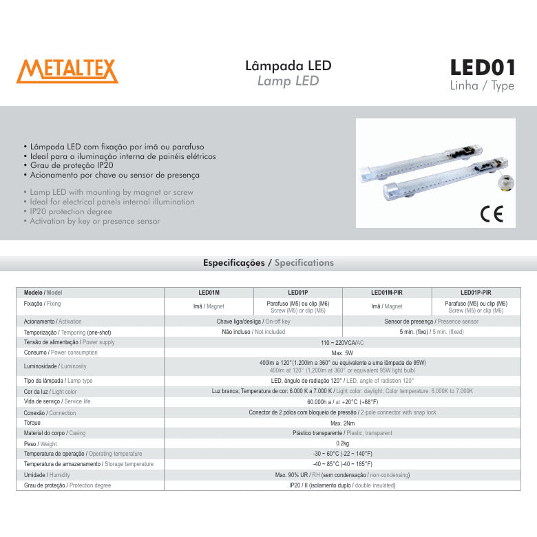 luminaria p/painel LED c/interruptor fix.parafuso 110~220Vca METALTEX LED01P [11.10.01.060 A 070]